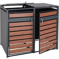 HHG - neuwertig] 2er Mülltonnenverkleidung 352, Mülltonnenbox, erweiterbar, Metall 50kg, anthrazit Kirsche-Holzoptik dunkelbraun von HHG
