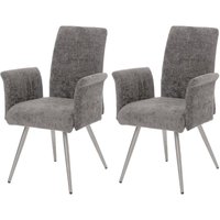 Neuwertig] 2er-Set Esszimmerstuhl HHG 219, Küchenstuhl Stuhl mit Armlehne, Edelstahl gebürstet Stoff/Textil Chenille Öko-Tex dunkelgrau von HHG