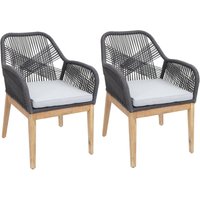 Neuwertig] 2er-Set Gartenstuhl HHG 678b, Sessel Outdoor, wetterfest Seilgeflecht Rope Holz Akazie dunkelgrau Kissen hellgrau von HHG