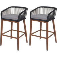 Neuwertig] 2er-Set Rope-Barhocker HHG 110, Outdoor Sitzpolster Seilgeflecht Metall Holz-Optik anthrazit, Kissen hellgrau von HHG