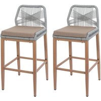 Neuwertig] 2er-Set Rope-Barhocker HHG 982, Outdoor Sitzpolster Seilgeflecht Metall Holz-Optik hellgrau, Kissen taupe von HHG