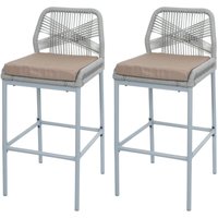 Neuwertig] 2er-Set Rope-Barhocker HHG 988, Outdoor Sitzpolster Seilgeflecht Metall hellgrau, Kissen taupe von HHG