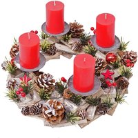 Neuwertig] Adventskranz HHG 494, Weihnachtsdeko Adventsgesteck Weihnachtsgesteck, Holz rund ø 33cm mvg inkl. 4x Kerzen rot von HHG