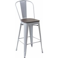 Neuwertig] Barhocker HHG 896 inkl. Holz-Sitzfläche, Barstuhl Tresenhocker mit Lehne, Metall Industriedesign grau von HHG