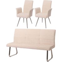 Neuwertig] Esszimmer-Set HHG 221, 2er-Set Stuhl mit Armlehne+Sitzbank 180cm, Edelstahl gebürstet Stoff/Textil Chenille creme von HHG