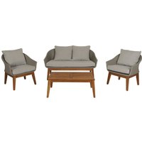 Neuwertig] Gartengarnitur HHG 222, Garten-/Lounge-Set Sofa Sitzgruppe, Poly-Rattan Holz Akazie grau, Kissen hellgrau von HHG