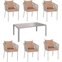 Neuwertig] Gartengarnitur HHG 616, Tisch+6xStuhl, wetterfest Alu 180x80cm, Seilgeflecht Rope grau Kissen taupe von HHG