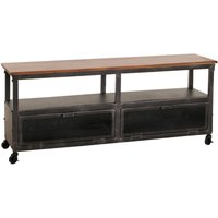 Neuwertig] Lowboard HHG 079, TV-Rack, Rollen 2 Fächer, 3D-Struktur Industrial Retro Metall Holz 55x130x36cm schwarz, braun von HHG