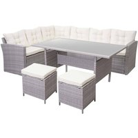 Neuwertig] Poly-Rattan-Garnitur HHG 471, Gartengarnitur Sitzgruppe Lounge-Esstisch-Set Sofa hellgrau, Kissen creme + 2x Hocker von HHG