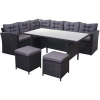 HHG - Poly-Rattan-Garnitur 389, Gartengarnitur Sitzgruppe Lounge-Esstisch-Set, schwarz Kissen dunkelgrau, mit 2x Hocker - black von HHG