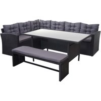 HHG - Poly-Rattan-Garnitur 389, Gartengarnitur Sitzgruppe Lounge-Esstisch-Set, schwarz Kissen dunkelgrau, mit Bank - black von HHG