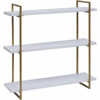 Wandregal HHG-631, Hängeregal Schweberegal, 3 Regalböden Metall Massiv-Holz Industrial 60x60x18cm weiß, Metall gold - white von HHG