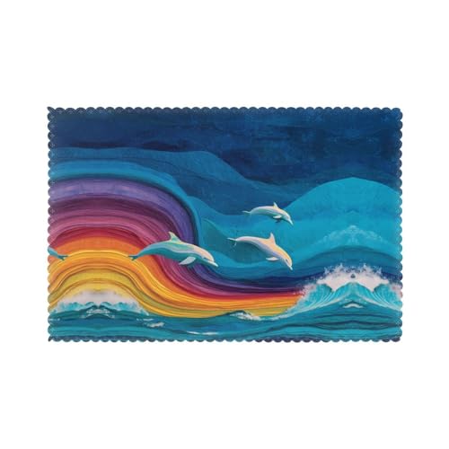 Tischsets für den Esstisch, 30,5 x 45,7 cm, HHGFASD Delfine und Regenbogenwellen, Muster für Hotel-Familienbankett, 6 Stück Tischsets für den Esstisch, 30,5 x 45,7 cm, HHGFASD Delfine und Regenbogenwellen, Muster für Hotel-Familienbankett, 6 Stück von HHGFASD
