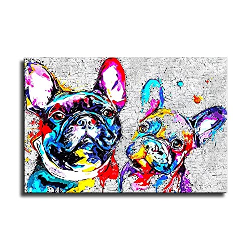 HHGaoArt Bunte Französische Bulldogge, Wandkunst, abstrakte Hundeposter, Tier-Leinwandmalerei, Drucke, niedliches Bild für Kinder, Wohnzimmer (ohne Rahmen, 61 x 91,4 cm) von HHGaoArt