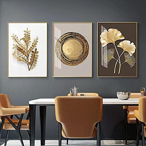 HHLSS Bild Drucke 3 Stück 60x80cm kein Rahmen Leinwand Malerei Druck Poster Wandkunst Abstrakte Goldene Ginkgo Blatt Bild Gold Pflanzenbett Dekor von HHLSS