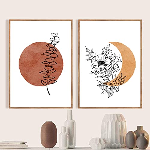 HHLSS Leinwandbild 2 Stück 60 x 80 cm, Rahmenlos, Terrakotta, Sonne, Mond, Boho, abstraktes Wandkunstposter, Eukalyptus, Blumen, botanische Strichzeichnungen, Schlafzimmerdekoration von HHLSS