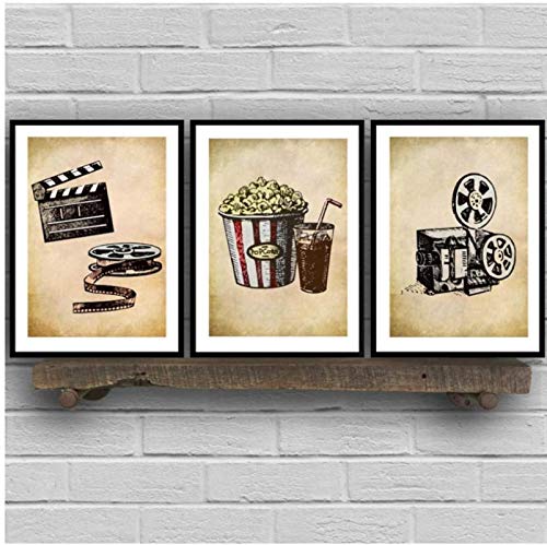 HHLSS Wandbilder 3x40x60cm ohne Rahmen Kino Vintage Kunst Wandbild Popcorn Film Clapper Print Heimkino Retro Dekor von HHLSS