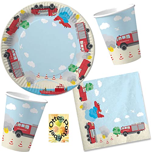 HHO Feuerwehr-Party-Set 36tlg. - für 8 Gäste: 8 Teller, 8 Becher, 20 Servietten - Pappe, Flachpack, Feuerwehr-motivierte quadratische Teller, 23 cm - Gratiszugabe: Ottes-Partyfibel im PDF-Format von HHO