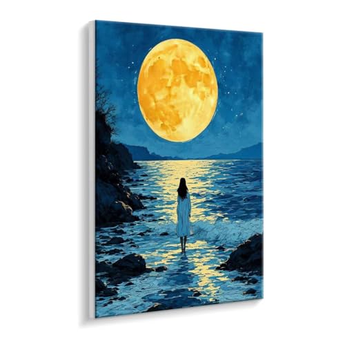 Malen Nach Zahlen Erwachsene - DIY Mond Meer Handgemalt Ölgemälde Kit für Anfänger, Mit 3 - Pinseln und Acrylfarbe Handgemalt öLgemäLde Kit Als Geschenk Heimdekoration 90 x 120 cm (Rahmenlos) t-825 von HHQGOUYG