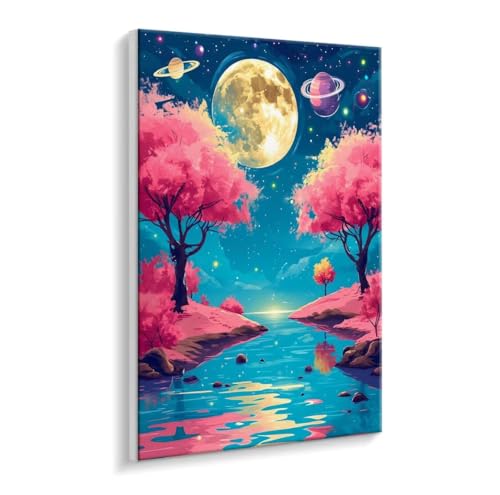 Malen Nach Zahlen Erwachsene - DIY Pink Baum Mond Handgemalt Ölgemälde Kit für Anfänger, Mit 3 - Pinseln und Acrylfarbe Handgemalt öLgemäLde Kit Als Geschenk Heimdekoration 70 x 90 cm (Rahmenlos) t245 von HHQGOUYG