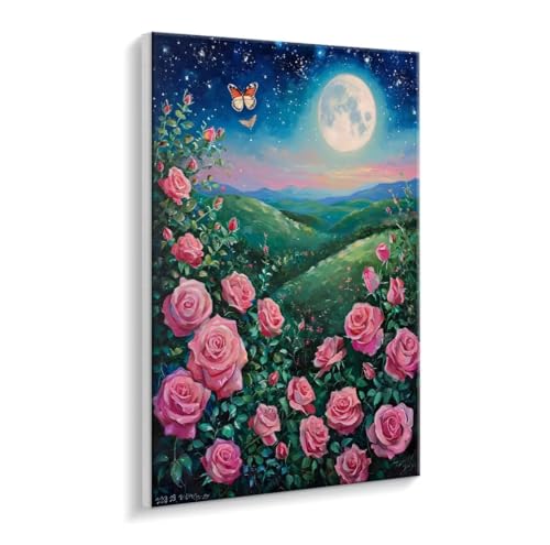 Malen Nach Zahlen Erwachsene - DIY Rosen Mond Handgemalt Ölgemälde Kit für Anfänger, Mit 3 - Pinseln und Acrylfarbe Handgemalt öLgemäLde Kit Als Geschenk Heimdekoration 35 x 50 cm (Rahmenlos) t-573 von HHQGOUYG