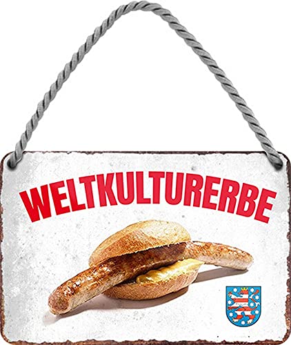 Deko Witzige Blechschilder Weltkulturerbe - beliebte traditionelle Speisen Gerichte Getränke international food Wandschild Türschild (18 x 12 cm, Hängeschild Thüringer Rostbratwurst Thüringen HS689) von WOGEKA ART