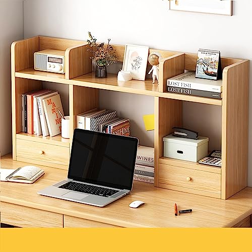Massivholz-Computertisch-Bücherregal – Mehrzweck-Aufbewahrungsregal aus Massivholz, Bücherregal auf der Arbeitsplatte mit 2 Schubladen, Schreibtisch-Aufbewahrungsorganisator, Präsentationsregal von HHXWAN