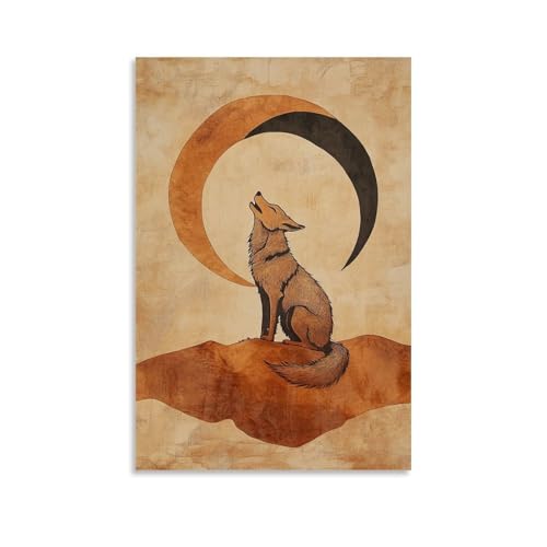 HHYXMJLL Coyote Heulend unter bogenförmigem Mond Designs auf einem sandfarbenen Wüstenhintergrund. Stilvolle Wandkunst, dekoratives Poster, Wandbild, 50 x 75 cm von HHYXMJLL
