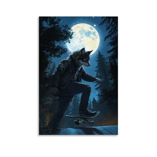 HHYXMJLL Dekoratives Poster, Motiv: Ein Wolf in einer Lederjacke, Skateboarding unter einem Vollmond in einer Waldlichtung. Stilvolle Wanddekoration, 20 x 30 cm von HHYXMJLL