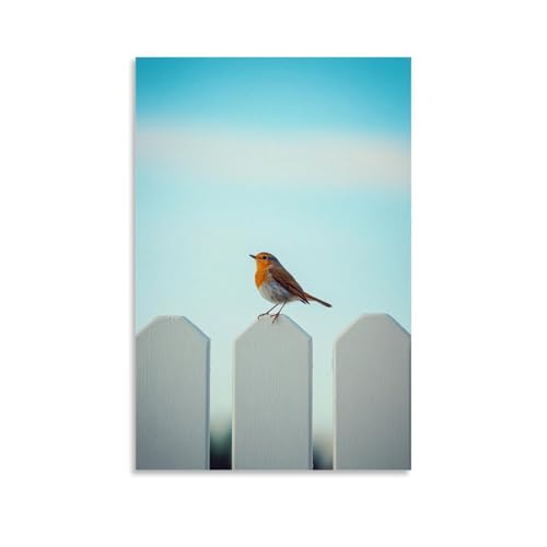 HHYXMJLL Dekoratives Poster, Motiv: Ein kleines Rotkehlchen, das hell auf einem einfachen weißen Zaun zwitschert, allein unter einem riesigen pulverblauen Morgenhimmel. Stilvolle Wandkunst von HHYXMJLL