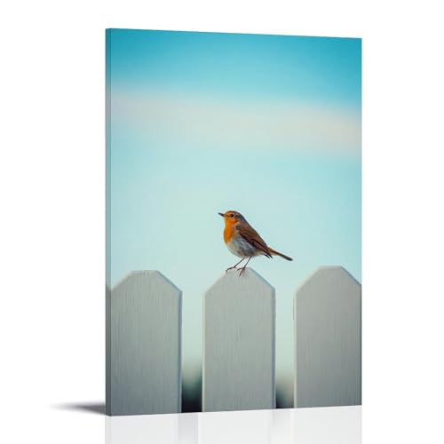 HHYXMJLL Dekoratives Poster, Motiv: Ein kleines Rotkehlchen, das hell auf einem einfachen weißen Zaun zwitschert, allein unter einem riesigen pulverblauen Morgenhimmel. Stilvolle Wandkunst von HHYXMJLL