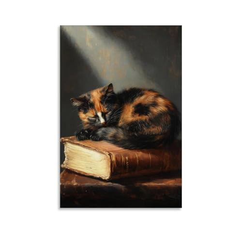 HHYXMJLL Dekoratives Poster, Motiv: Niederländische Goldene Zeitstudie einer Schildpatt-Katze auf einem ledergebundenen Buch, Sonnenstrahl beleuchtet sein Fell, stilvolle Wandkunst, dekoratives Poster von HHYXMJLL