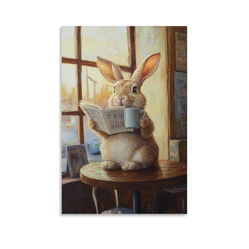 HHYXMJLL Ölgemälde mit Tiermotiv eines Kaninchens, das eine Kaffeetasse auf dem Kopf ausbalanciert, während Sie den Geschäftsbereich in einem sonnigen Café lesen. Stilvolle Wandkunst, dekoratives HHYXMJLL Ölgemälde mit Tiermotiv eines Kaninchens, das eine Kaffeetasse auf dem Kopf ausbalanciert, während Sie den Geschäftsbereich in einem sonnigen Café lesen. Stilvolle Wandkunst, dekoratives von HHYXMJLL