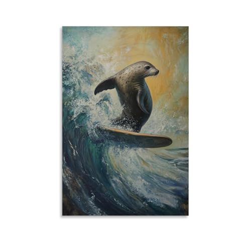 HHYXMJLL Ölgemälde mit Tiermotiven eines Siegels, das auf einem Brett ausbalanciert, Flossen wie anmutige Segel. Stilvolle Wandkunst, dekoratives Poster, Wandbild, 30 x 45 cm von HHYXMJLL