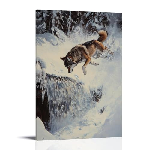 HHYXMJLL Ölgemälde mit Tiermotiven eines Wolfs, der von einer verschneiten Bank in dampfende heiße Quellen taucht. Stilvolle Wandkunst, dekoratives Poster, Wandbild, 40 x 60 cm von HHYXMJLL