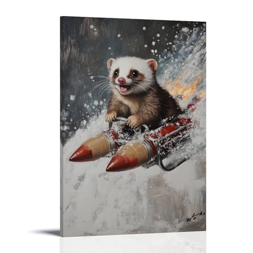 HHYXMJLL Tier-Ölgemälde eines Frettchens auf einem Schlitten mit Raketen-Boostern auf mattem Grau. Stilvolle Wandkunst, dekoratives Poster, Wandbild, 20 x 30 cm von HHYXMJLL