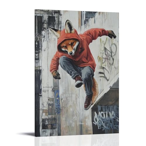 HHYXMJLL Tier-Ölgemälde eines Fuchses in einem Kapuzenpullover, der einen Fersenflip über einen Bordstein in einer Innenstadt ausführt. Stilvolle Wanddekoration, dekoratives Poster, Wandbild, 60 x 90 von HHYXMJLL