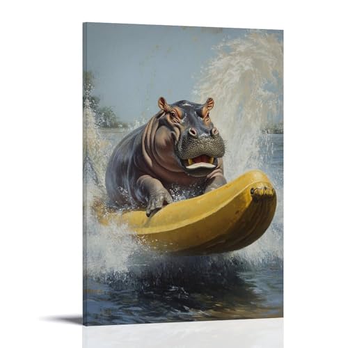 HHYXMJLL Tier-Ölgemälde eines Nilpferdes Wasserski hinter einem Boot, geformt wie eine Banane. Stilvolle Wandkunst, dekoratives Poster, Wandbild, 60 x 90 cm von HHYXMJLL