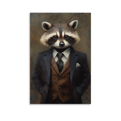 HHYXMJLL Tier-Ölgemälde eines Waschbärs, der Geschäftsplätze in einem maßgeschneiderten Anzug mit zugeschlagenem Fell übt Stilvolle Wandkunst, dekoratives Poster, Wandbild, 60 x 90 cm von HHYXMJLL