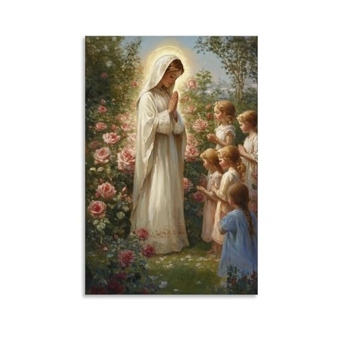 Mary Kneels in A Field of Glowing Roses, Her Hands Folded in Prayer As Children Gather Near, Bathed in Soft Heavenly Light. Stilvolle Wandkunst, dekoratives Poster, Wandbild, 30 x 45 cm von HHYXMJLL