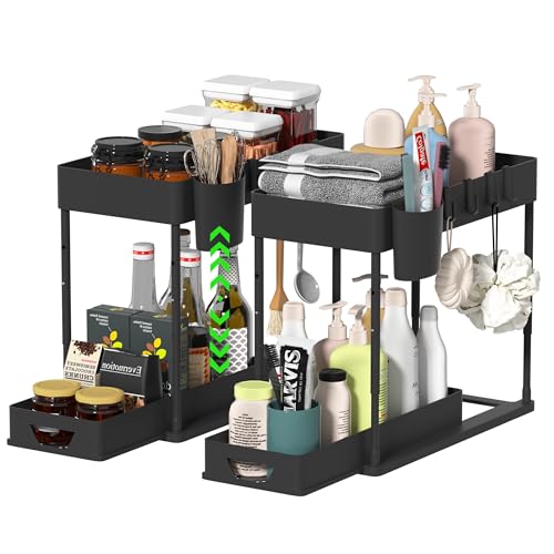 HI NINGER 2Pack 2 Tier Küchen Organizer Set,Unter Waschbecken Regal Schubladen-Organizer Anhebbares Waschbecken Regal mit 8 Haken,16rutschfeste Pads&2 Hängebecher Spülschrankregal Küche Organizer von HI NINGER