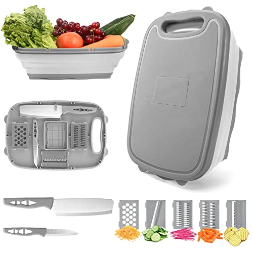 HI NINGER 9 in 1 Schneidebrett Multifunktions, Küche mit 5 Gemüseschneider und 2 Messer Tragbares, Kunststoff Faltbares Abflusskorb für Camping, Grillen, Outdoor von HI NINGER