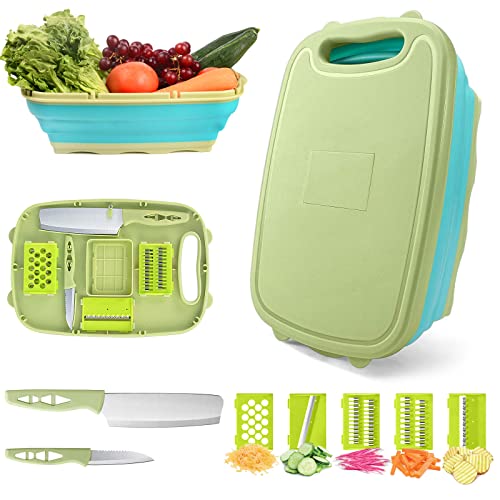 HI NINGER 9 in 1 Multifunktionales Schneidebrett – Faltbare Küchenhilfe mit 5 Gemüseschneidern, 2 Messern & Abflusskorb – Tragbares Schneidbrett aus Kunststoff für Camping, Grillen & Outdoor（Grün） von HI NINGER