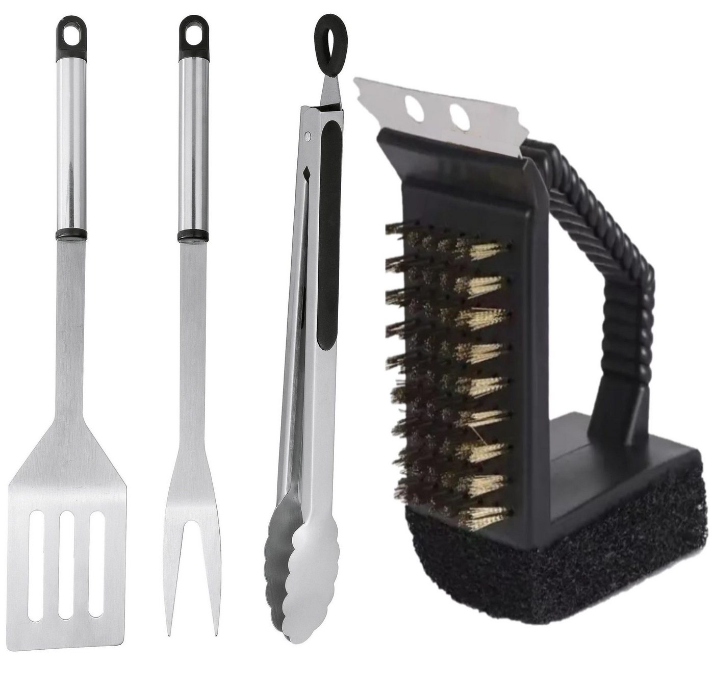 HI Grillbesteck-Set 4 Teiliges Edelstahl Grillbesteck Set Zange Gabel Wender Grillbürste, (Set, 4 tlg., geeignet für Grillen Picknick BBQ Liebhaber Camping Garten), Grillzange, Grillwender Grillgabel & Grillreinigungsbürste von HI