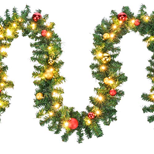 Haushalt International Tannengirlande aussen 5m - Grüne Girlande mit Lichterkette (80x LED), 5 Meter Girlande mit Licht und Kugeln als Weihnachtsdeko aussen von Haushalt International