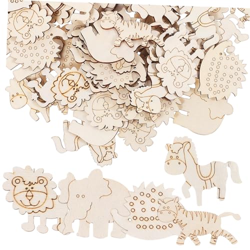 HIAKDOFT 100 Stück Holztiere Basteln Holzfiguren zum Bemalen DIY Tierfiguren aus Holz für Kinderhandwerk und Dekoration Holz Tiere Cutouts für Kreative Bastelprojekte von HIAKDOFT