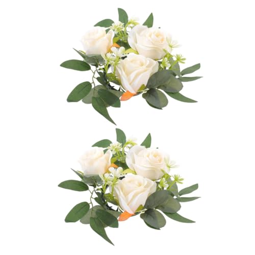 HIAKDOFT 2 Stück Künstlicher Rosen Kerzenring Realistische Teelichthalter Deko Eleganter Tischkranz für Hochzeit Party Festlichkeiten Romantische Wohnraumgestaltung Cremefarben von HIAKDOFT