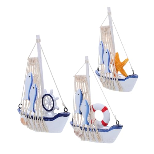HIAKDOFT 3 Stück Holz Segelboot Deko Mediterraner Küstenstil Nautische Tischdeko Segelschiff Modell für Regal Wohn und Badezimmer mit Rettungsring von HIAKDOFT