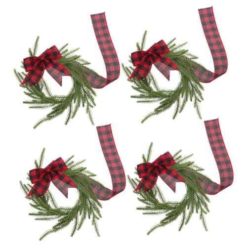 HIAKDOFT 4 Stück Kleine Weihnachtskränze mit Rotem Karoband Künstliche Tannengirlande Kompakt und Vielseitig für Küchenschränke Türen Kaminsims Wanddeko Einfache Aufhängung von HIAKDOFT