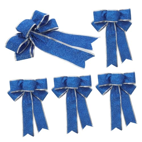 HIAKDOFT 5 Stück Teiliges Weihnachts Dekoband Glitzernde Blaue Stoffschleifen Fertige Schleifen Robuste Weihnachtsbaum und Geschenkband Ornamente Vielseitig für Baum Tür Tisch und Wand von HIAKDOFT